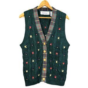 Vintage 90s Cottagecore Knit Vest Green Embroidered Sweater Vest Woodland